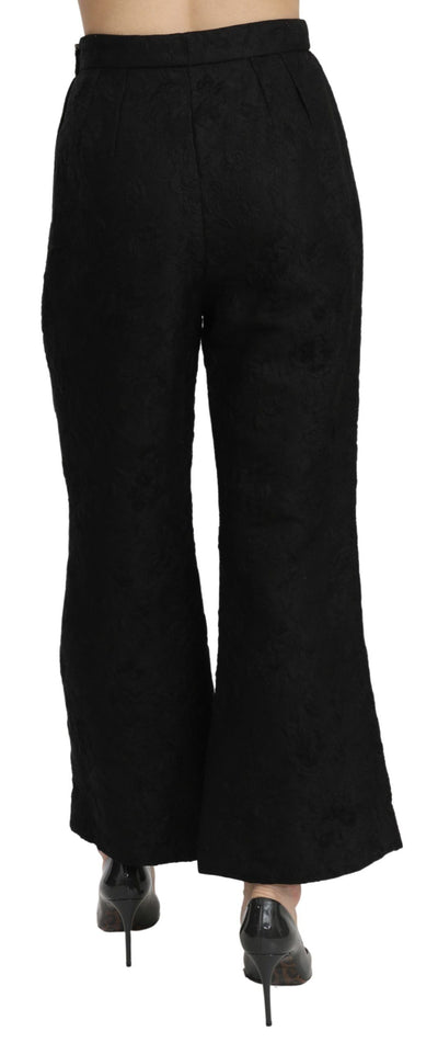 Black High Waist Flared Cropped Brocade Pants