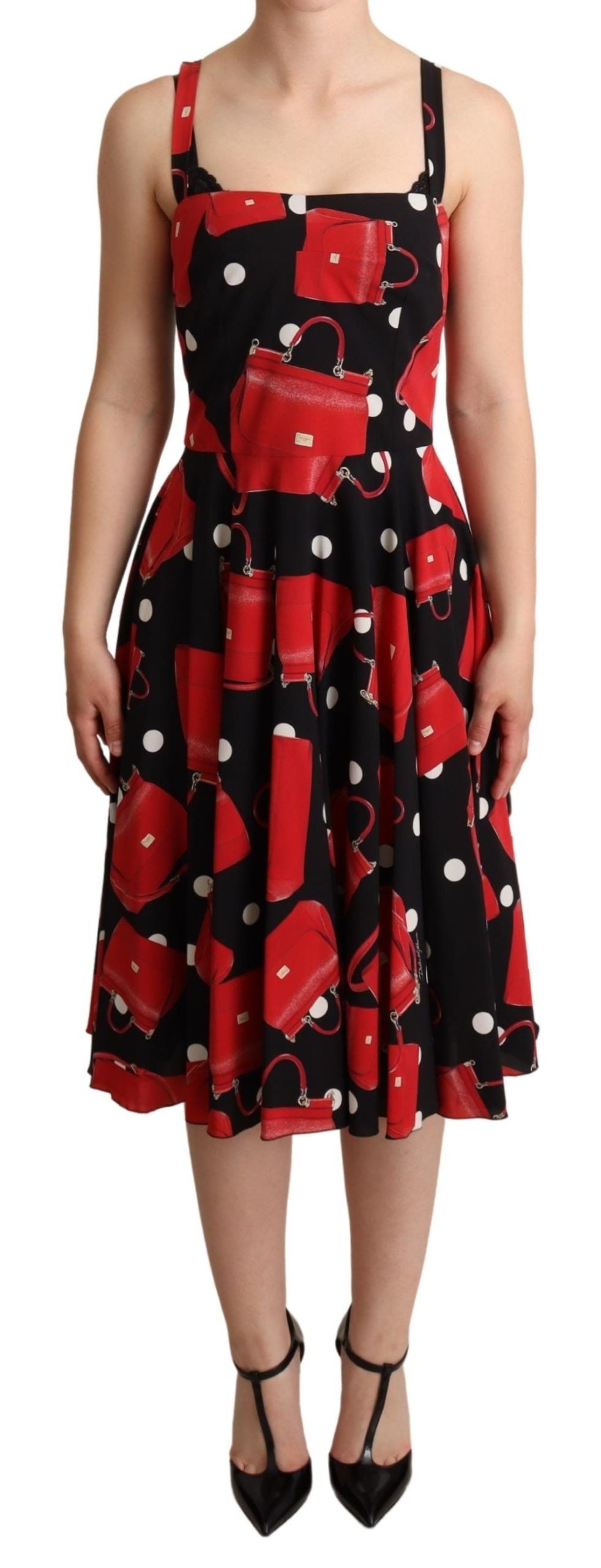 Black Red Bag Print A-line Mid Length Dress