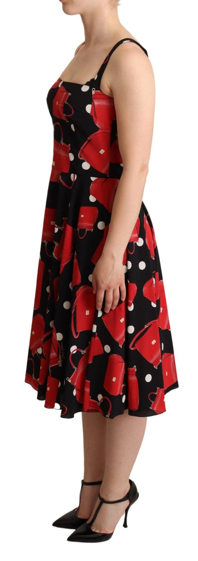 Black Red Bag Print A-line Mid Length Dress