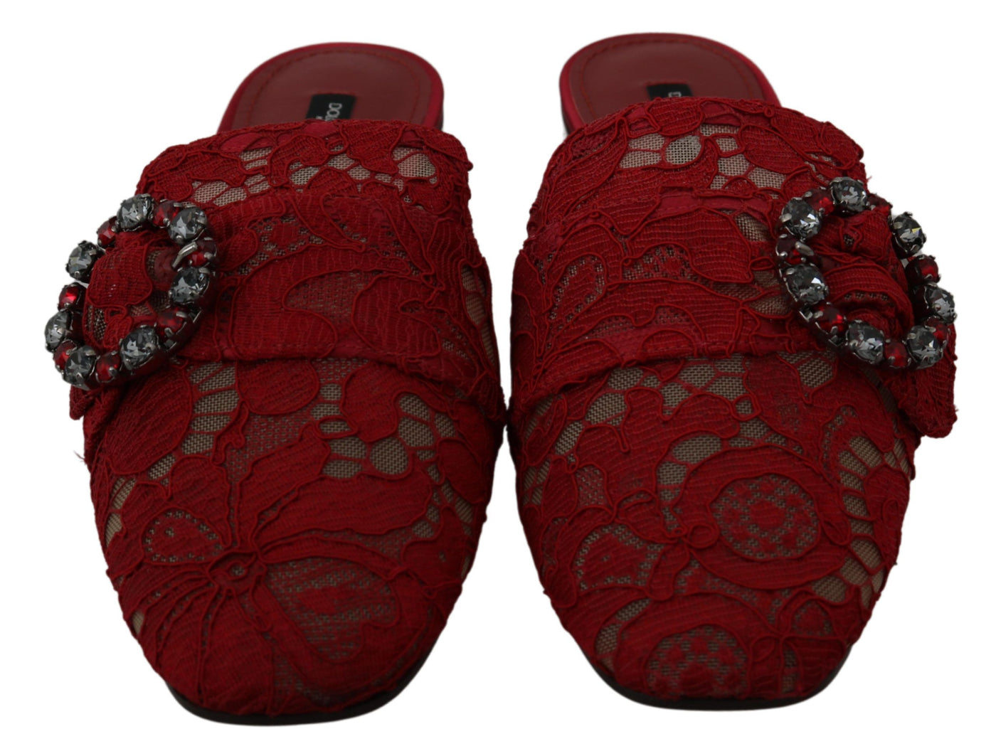 Red Lace Crystal Slide On Flats Shoes