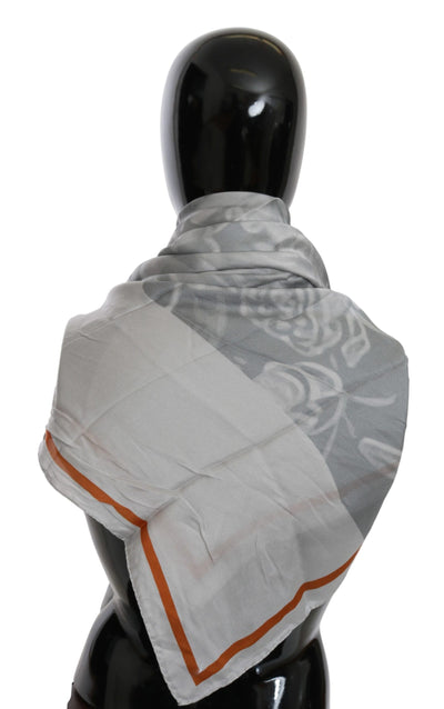 Gray Orange Silk Floral Foulard Wrap Scarf