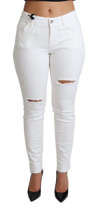 White Tattered Skinny Denim Cotton Stretch Jeans