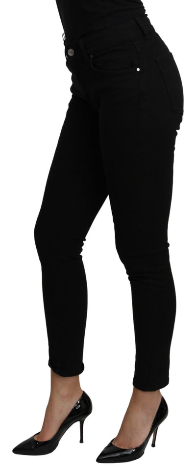 Black Mid Waist Slim Denim Stretch Cotton Jeans