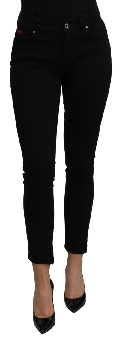 Black Mid Waist Slim Denim Stretch Cotton Jeans