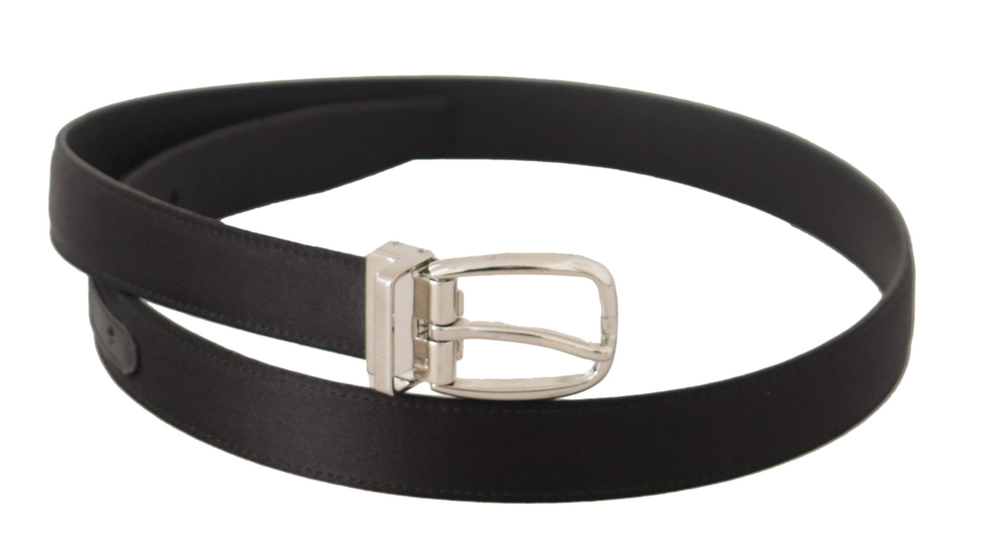 Black Canvas Leather Silver Logo Metal Buckle Belt