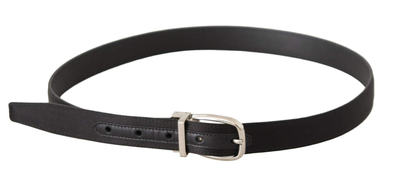 Black Canvas Leather Silver Logo Metal Buckle Belt