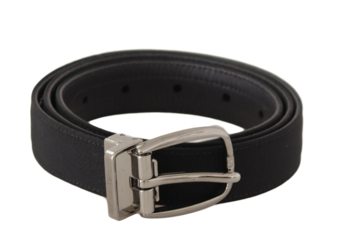 Black Grosgrain Leather Silver Tone Metal Buckle Belt