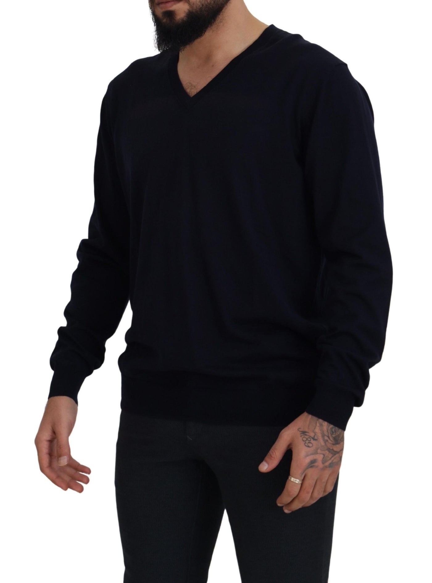 Black Cotton V-Neck Men Pullover Sweater