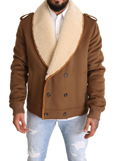 Brown Double Breasted Shearling Coat Jacket