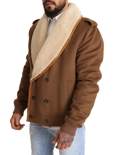 Brown Double Breasted Shearling Coat Jacket