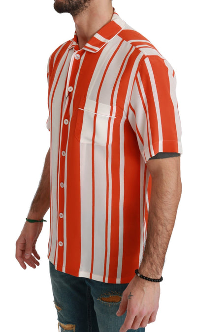 Orange Silk Striped Short Sleeve White Shirt