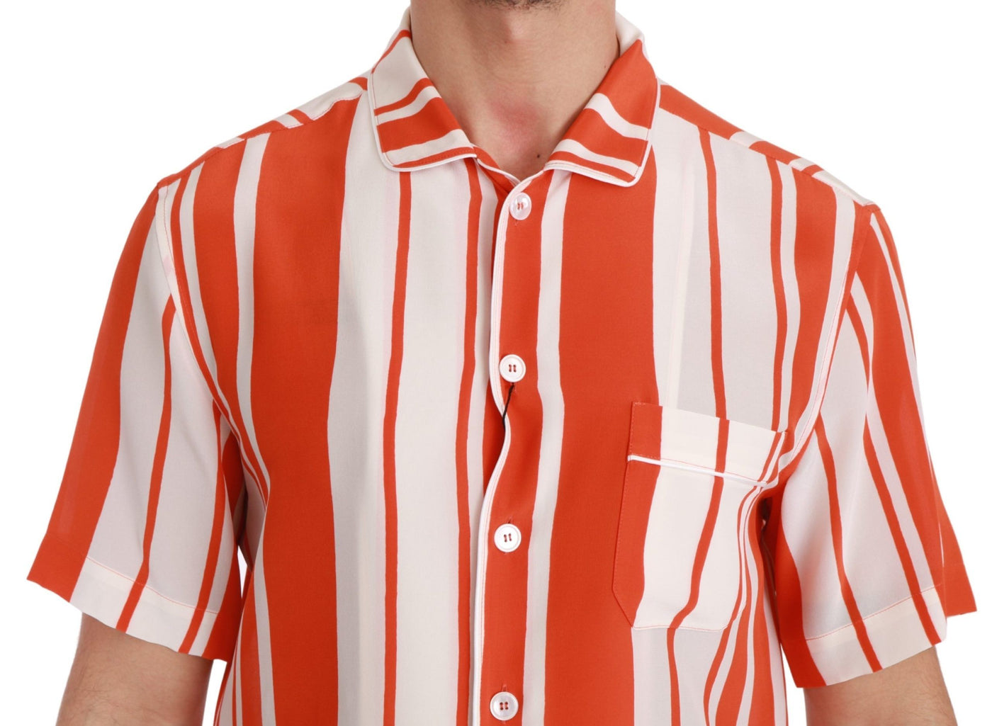 Orange Silk Striped Short Sleeve White Shirt