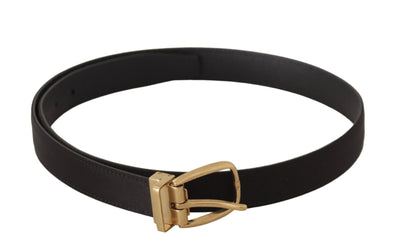 Black Silk Leather Gold Tone Metal Buckle Belt