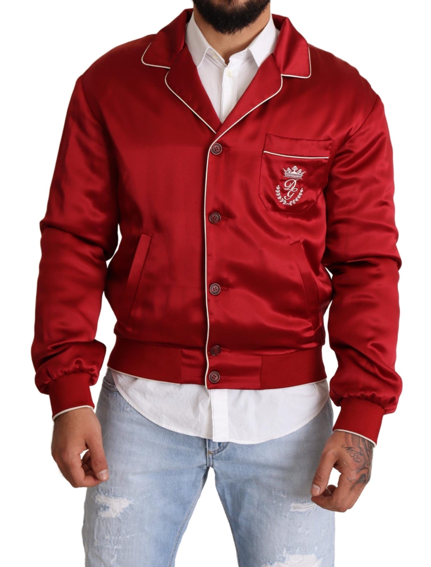 Red Silk Button DG Logo Bomber Jacket