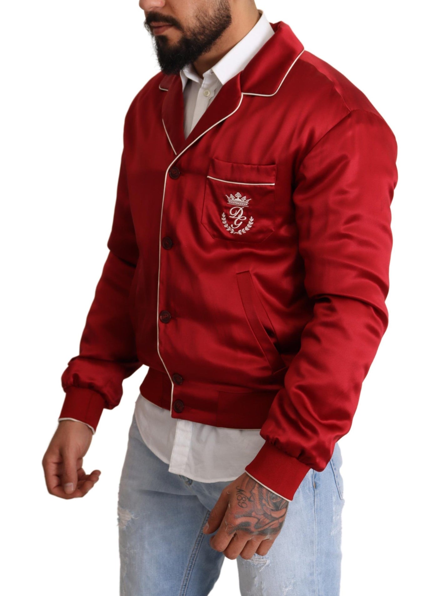 Red Silk Button DG Logo Bomber Jacket