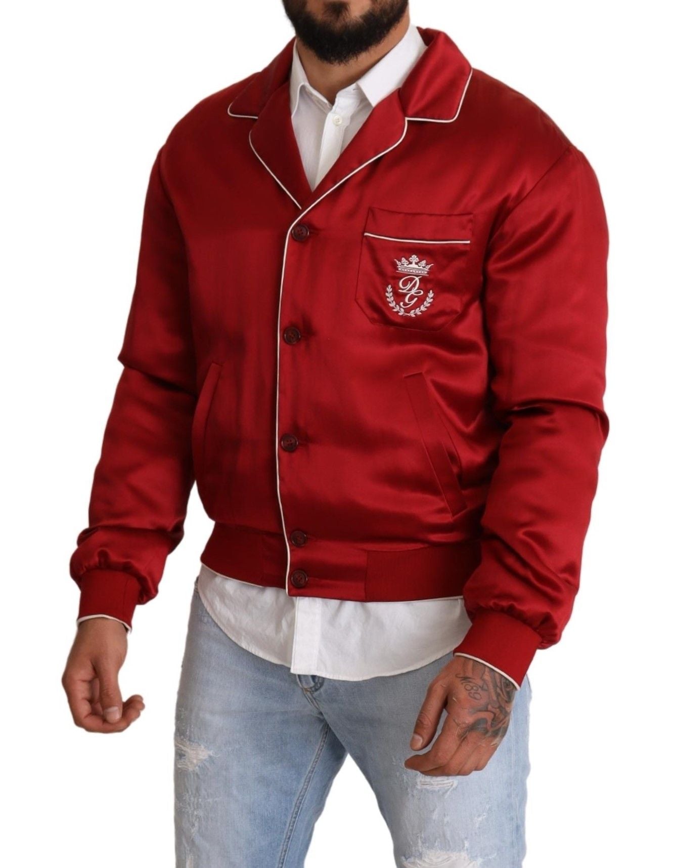 Red Silk Button DG Logo Bomber Jacket