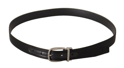 Black Calf Leather Silver Logo Metal Buckle Belt