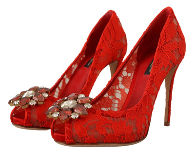 Red Taormina Lace Crystal Heels Pumps