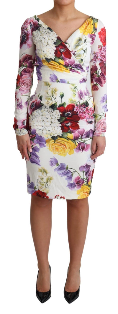 White Floral Print Silk Long Sleeve Dress