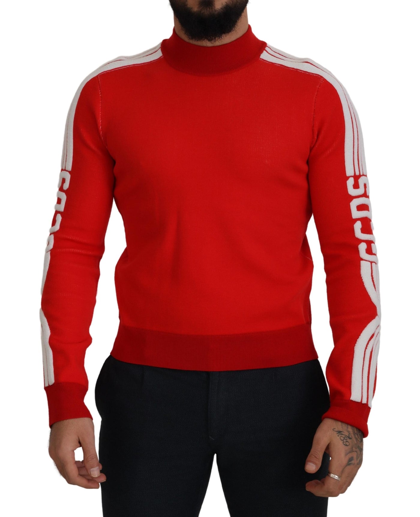 Red Wool Logo Printed Crew Neck Men Pullover Sweater