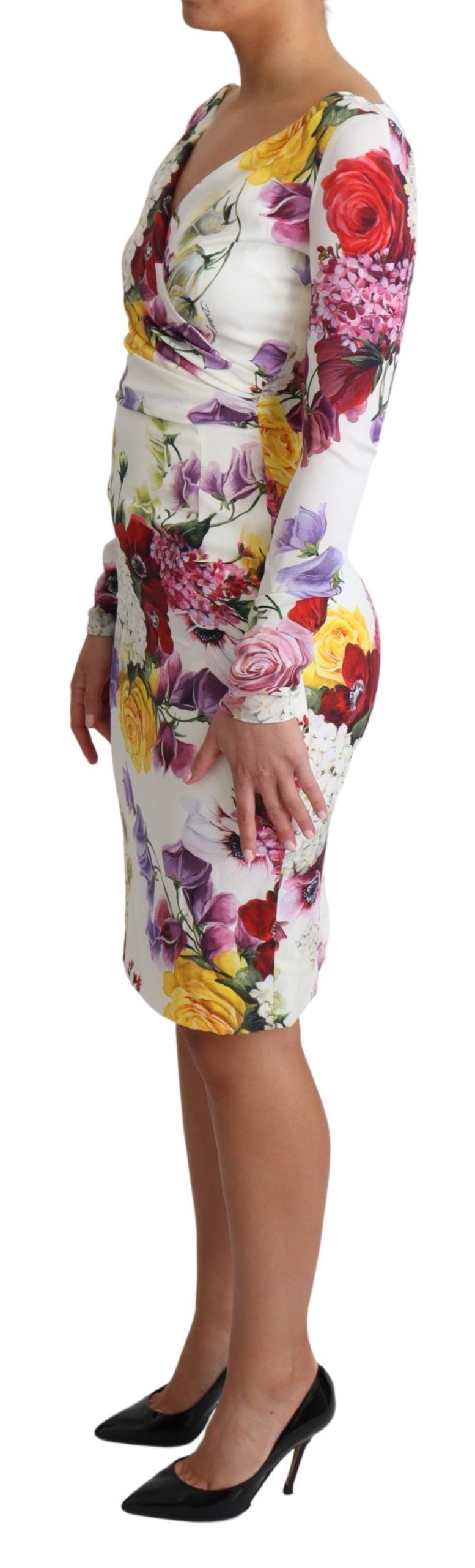 White Floral Print Silk Long Sleeve Dress