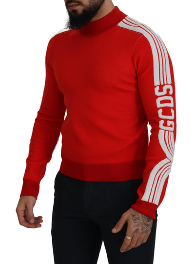 Red Wool Logo Printed Crew Neck Men Pullover Sweater