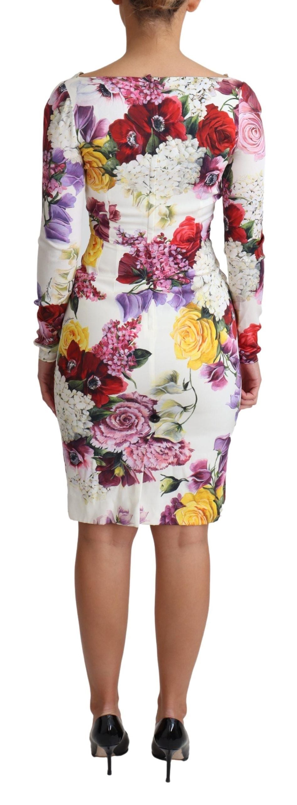 White Floral Print Silk Long Sleeve Dress