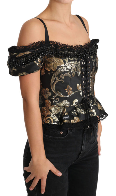 Black Gold Floral Jacquard Crystal Blouse