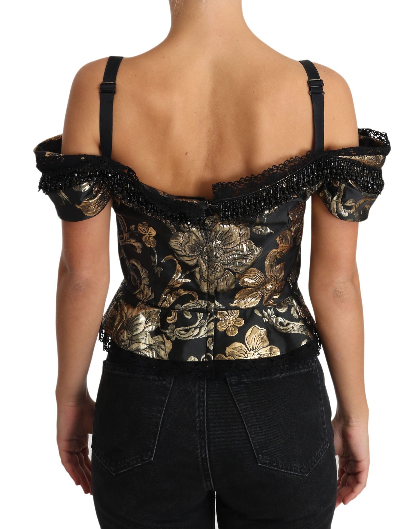 Black Gold Floral Jacquard Crystal Blouse