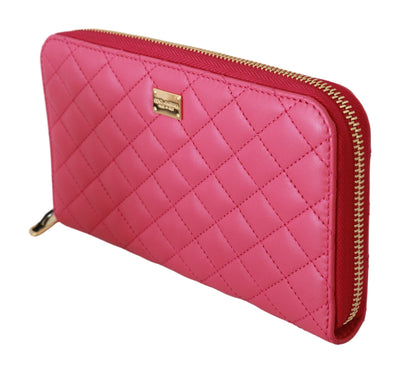 Pink Leather Quilted Zip Around Continental Wallet