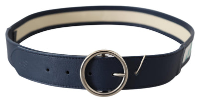 Navy Blue Leather Round Silver Buckle Belt