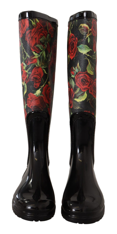 Black Rubber Red Roses Rain Knee High Boots