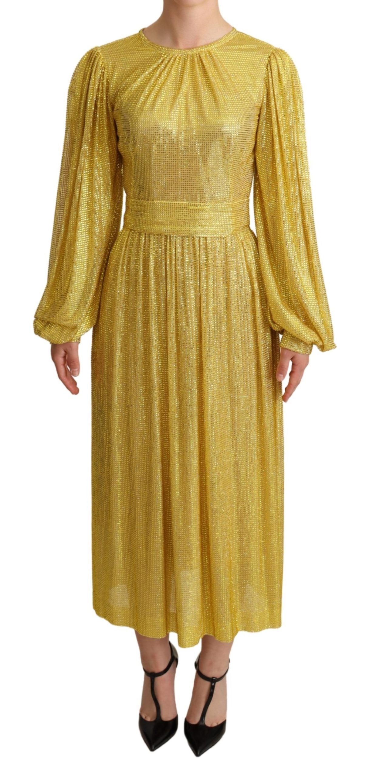 Yellow Crystal Mesh Pleated Maxi Dress