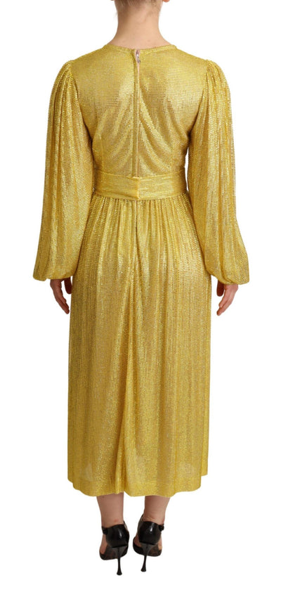 Yellow Crystal Mesh Pleated Maxi Dress