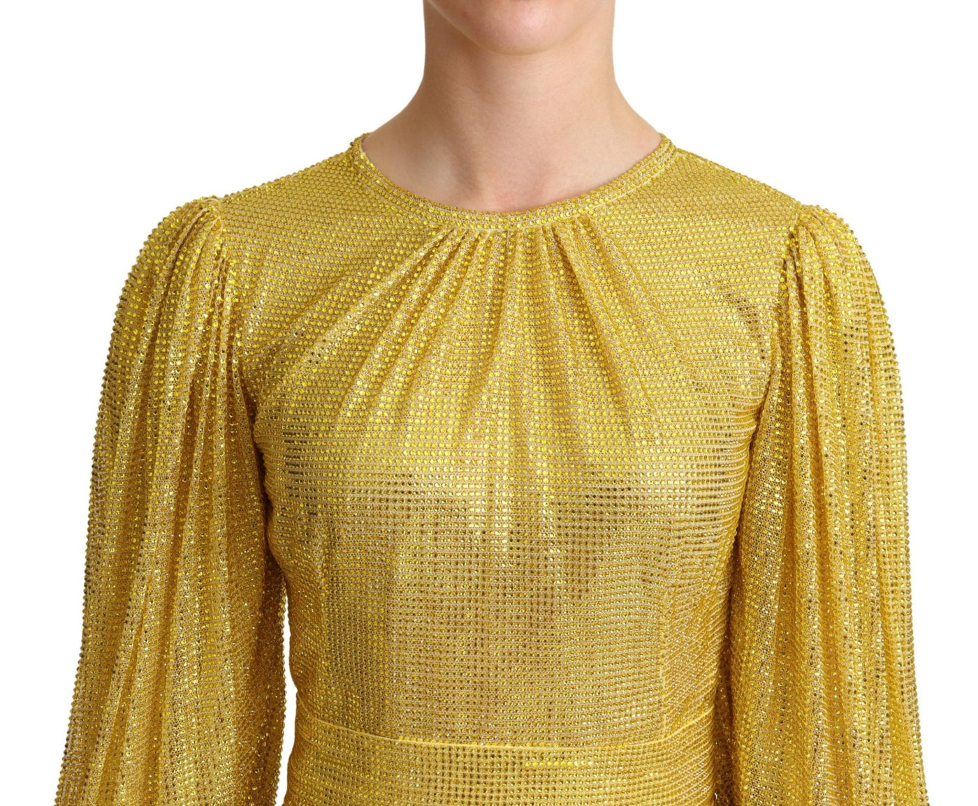 Yellow Crystal Mesh Pleated Maxi Dress