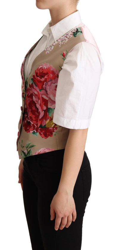 Beige Jacquard Floral Print Waistcoat Vest