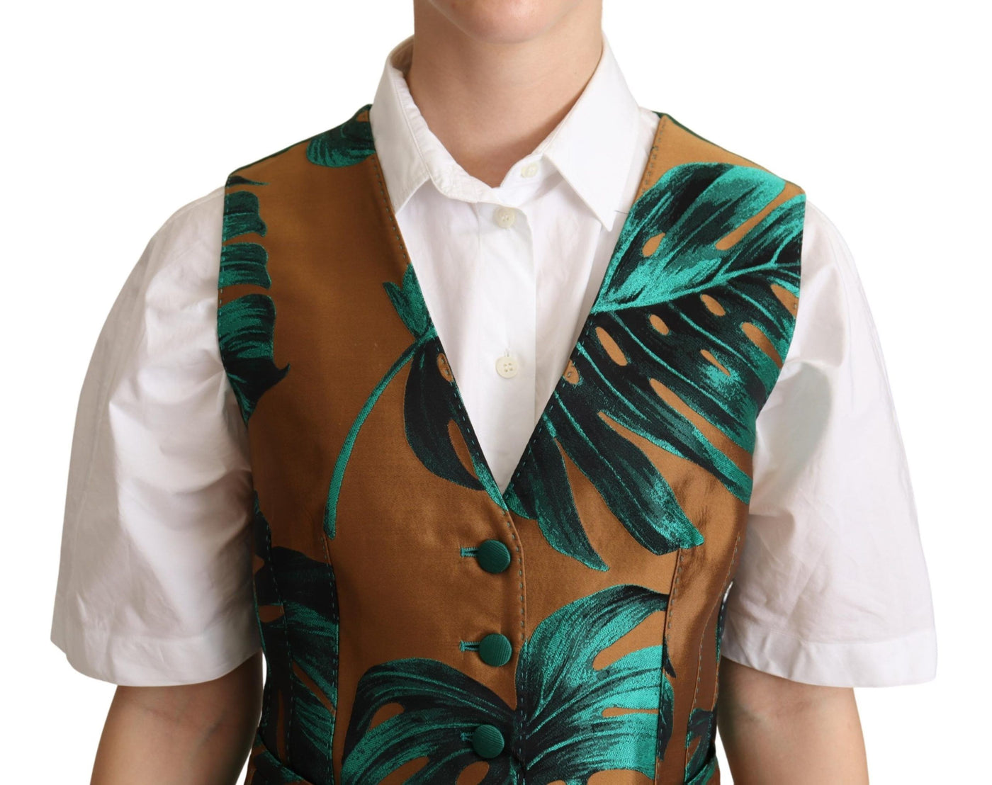 Green Jacquard Leaf Gold Waistcoat Vest