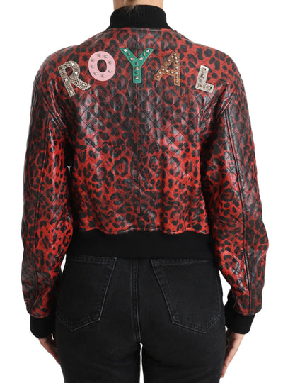 Red Leopard Button Crystal Leather Jacket