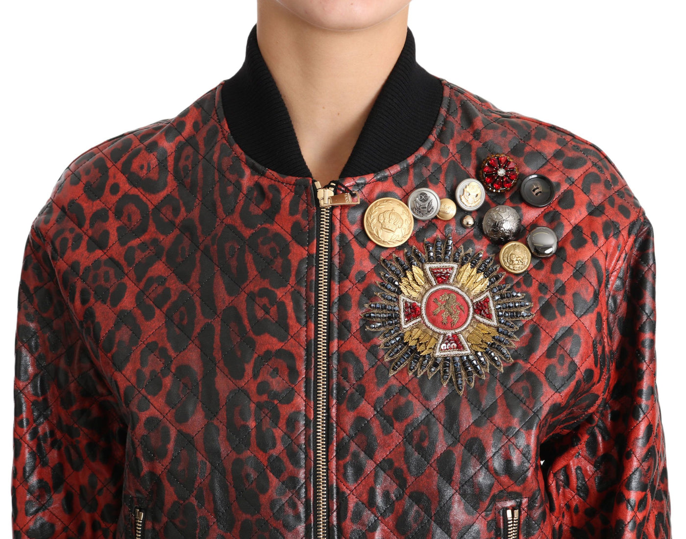 Red Leopard Button Crystal Leather Jacket