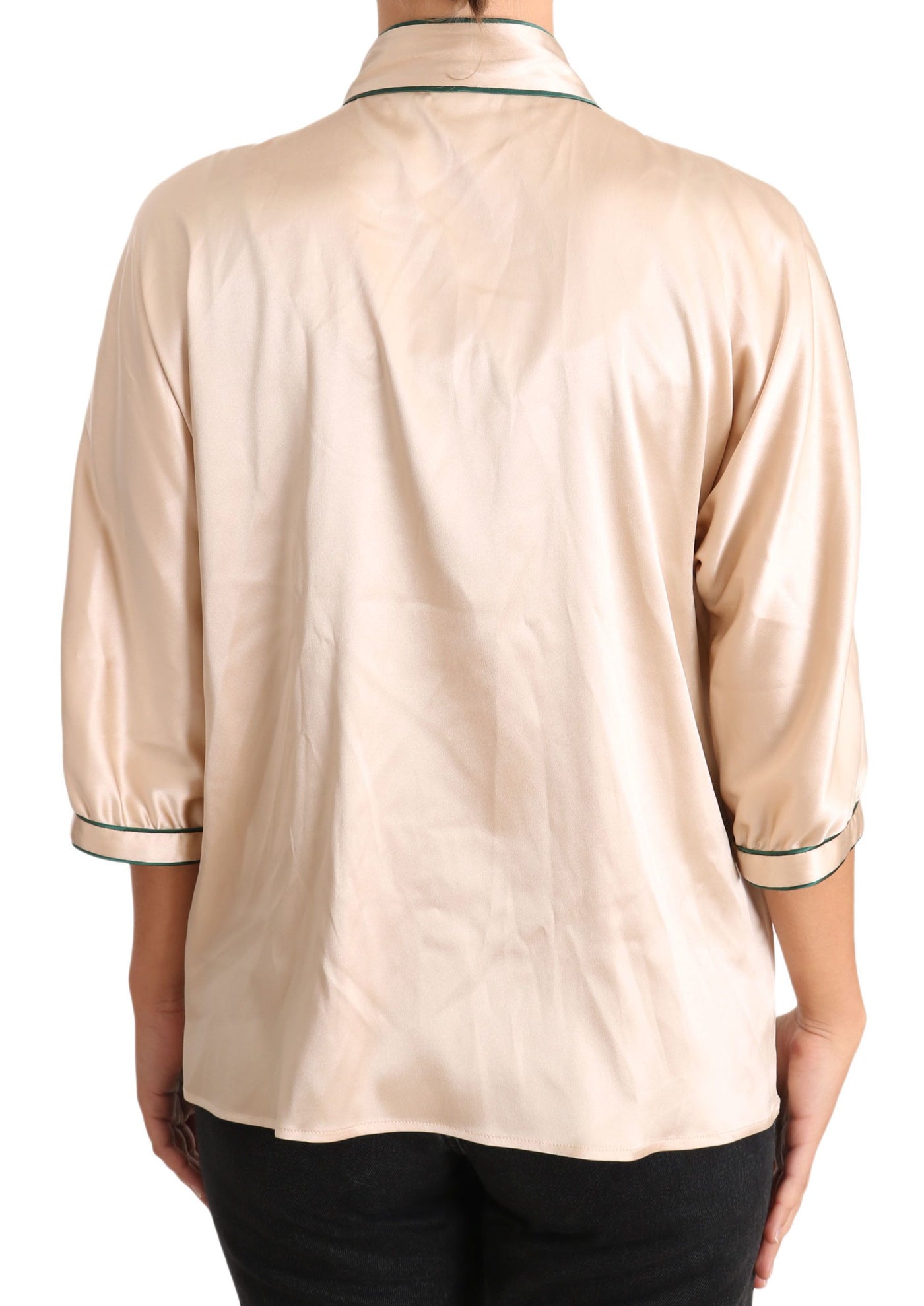 Beige Ribbon Silk Stretch Top Blouse