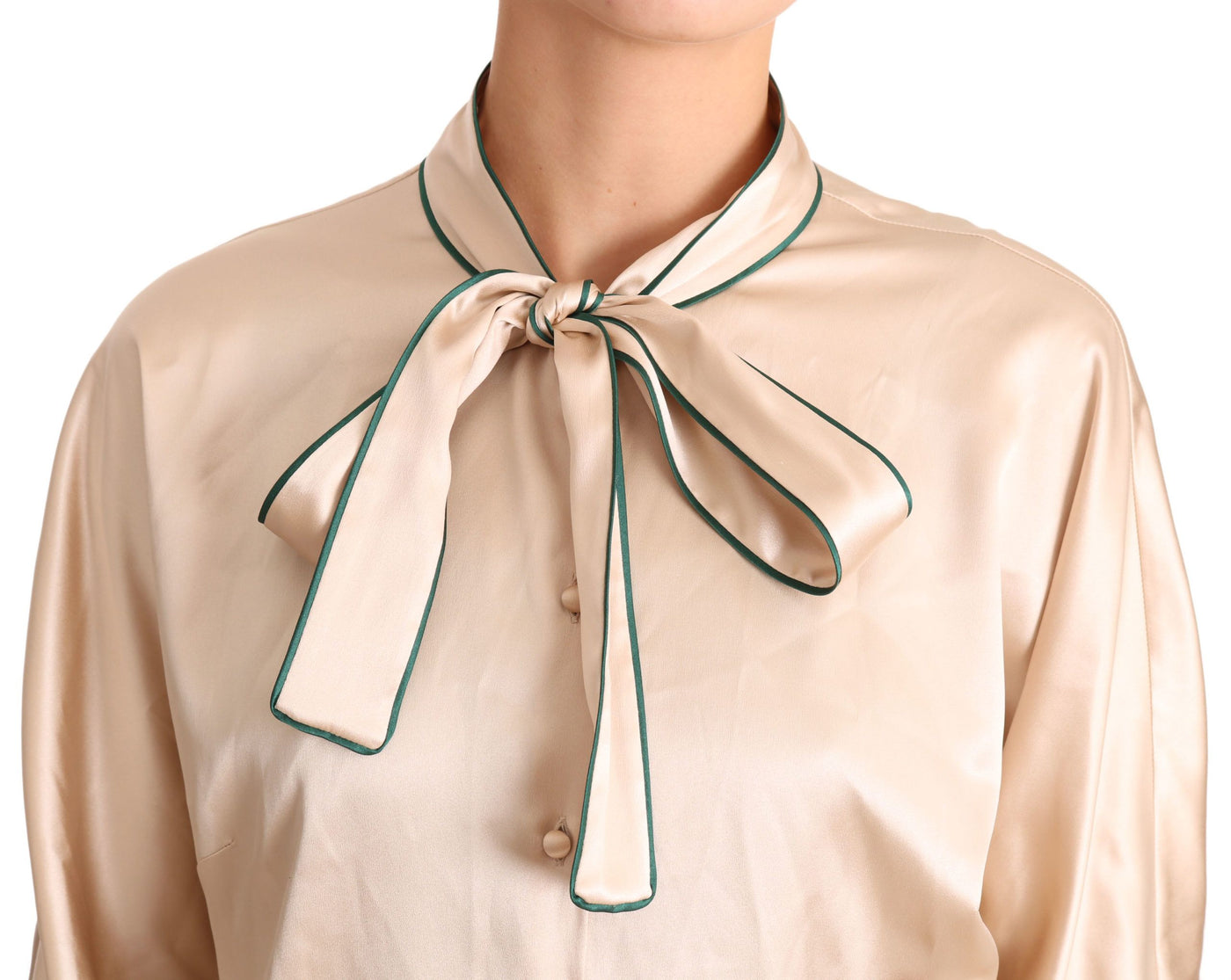 Beige Ribbon Silk Stretch Top Blouse