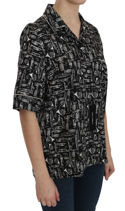 Black Musical Instrument Print Silk  Top