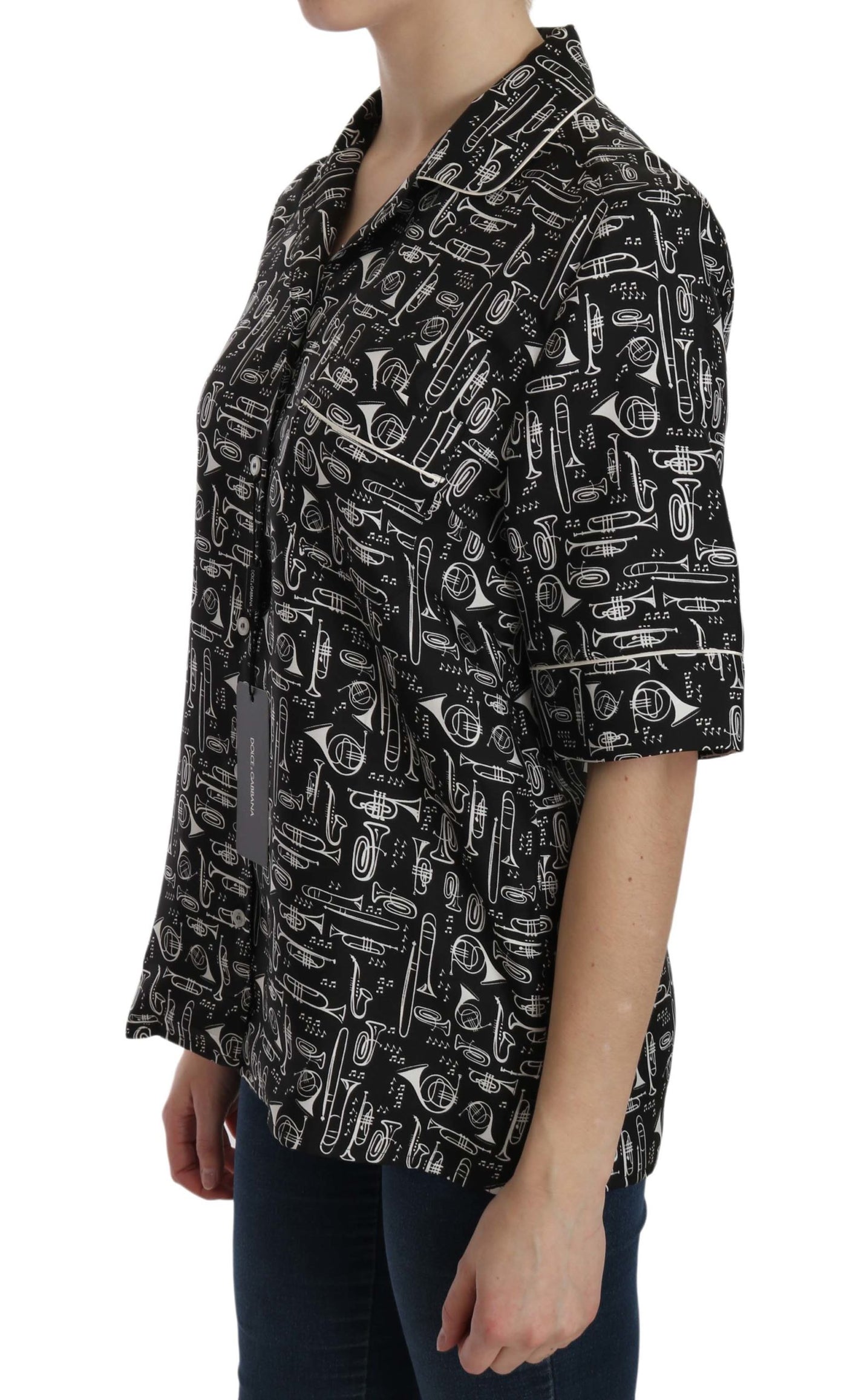 Black Musical Instrument Print Silk  Top