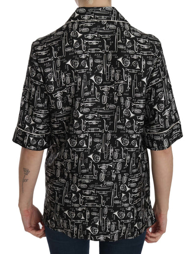 Black Musical Instrument Print Silk  Top