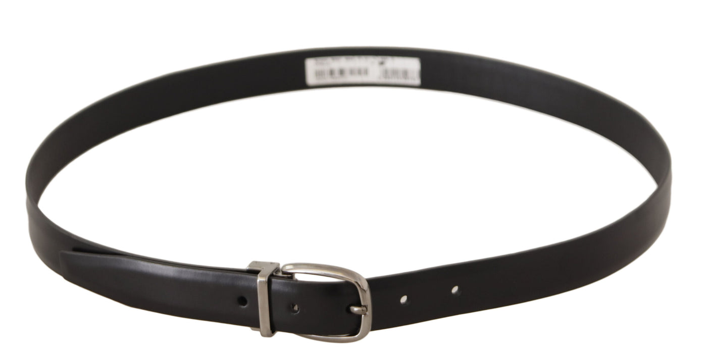 Black Calf Leather Silver Tone Metal Buckle Belt