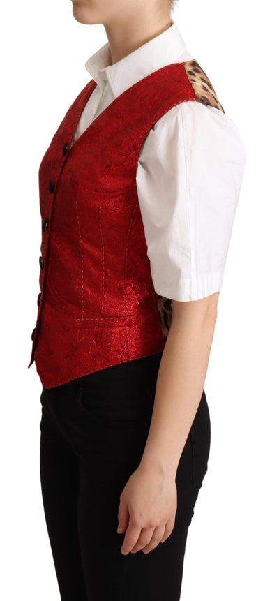 Red Brocade Leopard Print Waistcoat Vest