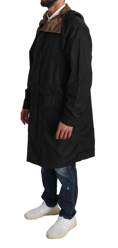 Black Brown Hooded Reversible Raincoat