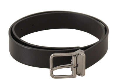 Black Plain Leather Silver Tone Metal Buckle Belt