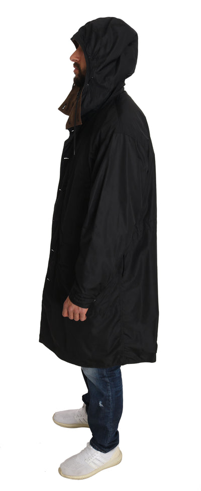 Black Brown Hooded Reversible Raincoat