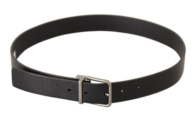 Black Plain Leather Silver Tone Metal Buckle Belt